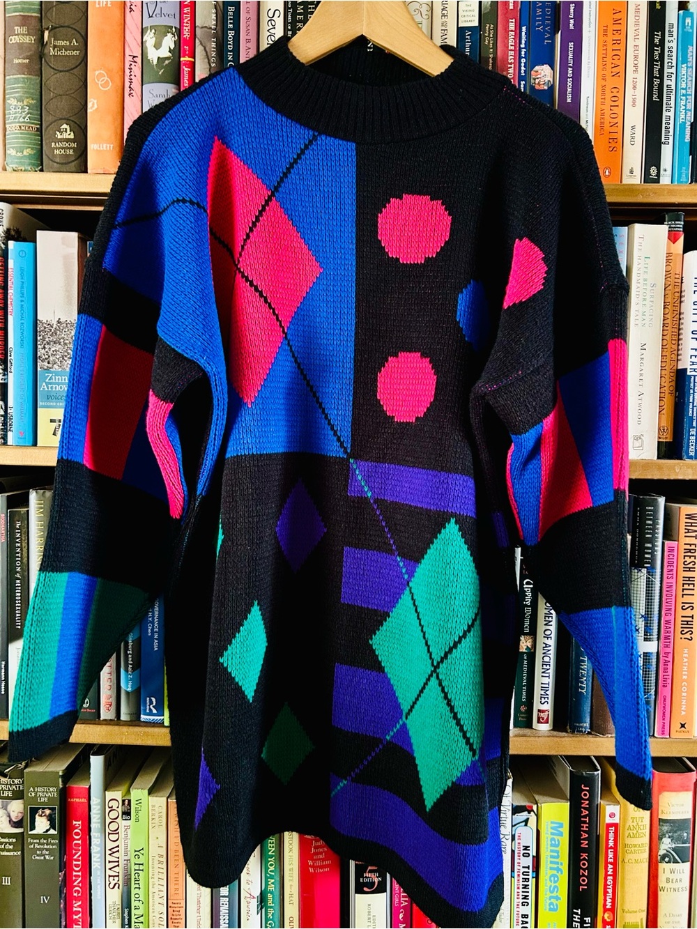 Vintage 80s Private Eyes Acrylic Black Neon Argyle Circles Tunic Sweater Large